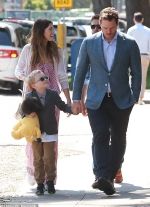 Chris Pratt holds hands with his son Jack, six, as they are joined by his fiancee Katherine Schwarzenegger