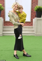 Jaime King dazzles in gold blouse and black skirt with son Leo, 3, at Secret Life