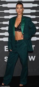 Bella Hadid flashes her ab fab physique in jade green suit as she leads the NYFW