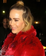 Sarah Paulson rocks a bright red fur coat to promote Glass on Late Show